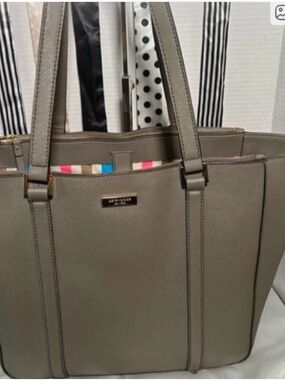 kate spade taupe Saffiano leather tote with striped trim